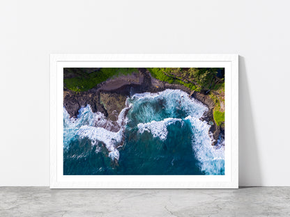 Drone View Of Beach & Sea Waves Glass Framed Wall Art, Ready to Hang Quality Print With White Border White