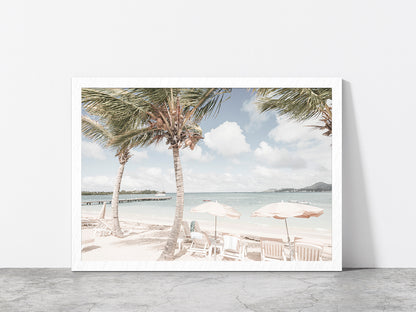 Palm Trees & Beach Huts near Beach Faded Photograph Glass Framed Wall Art, Ready to Hang Quality Print Without White Border White