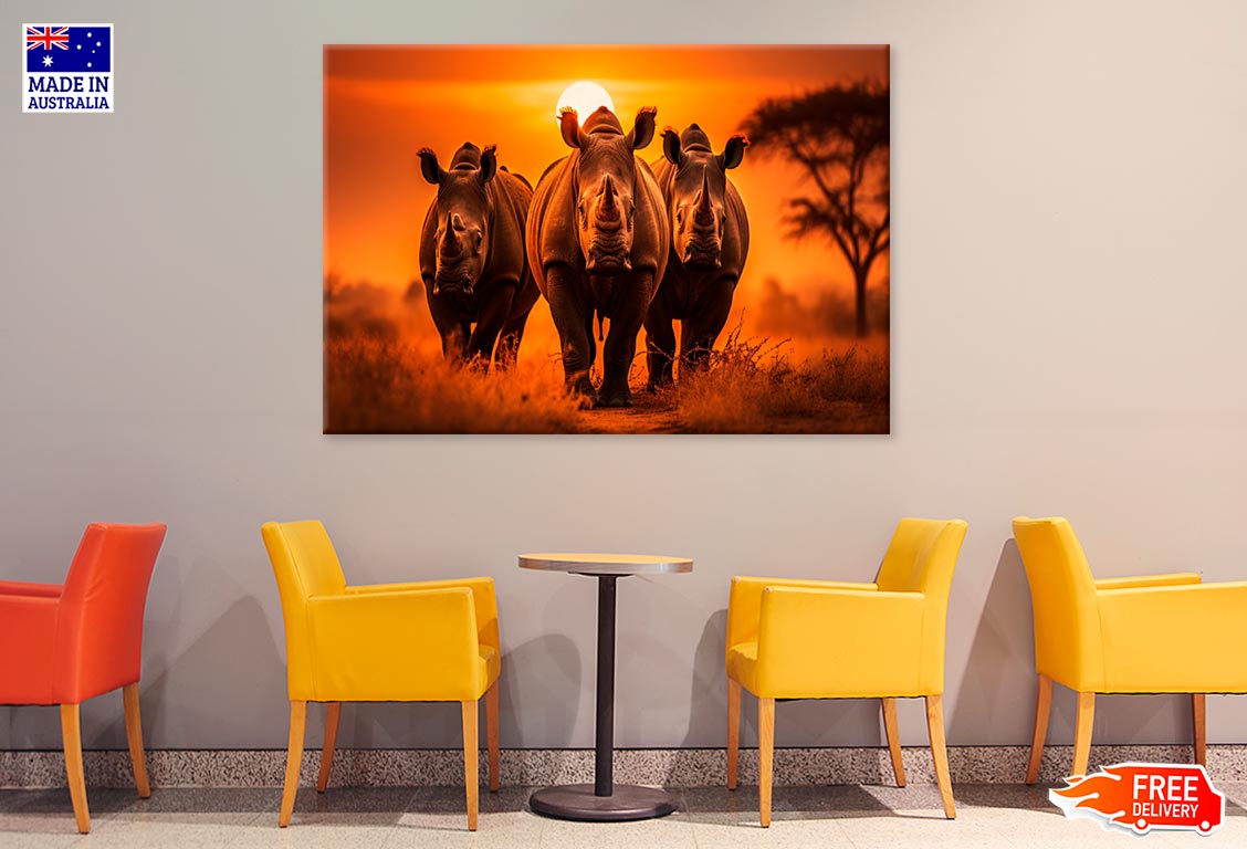 Three Big African Rhinos In Sunset Print 100% Australian Made