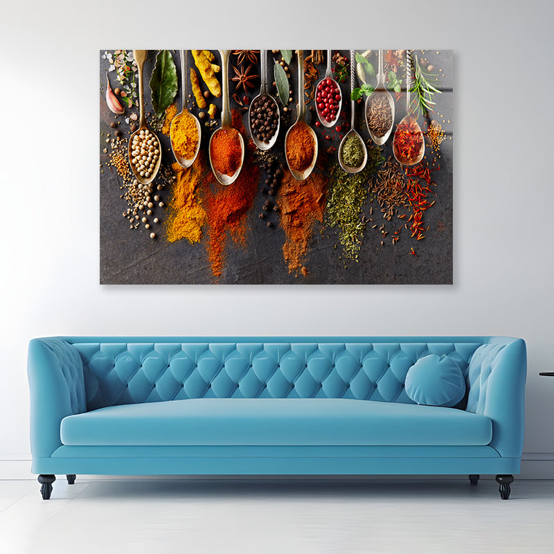 Different Types Spices on Spoons Acrylic Glass Print Tempered Glass Wall Art 100% Made in Australia Ready to Hang