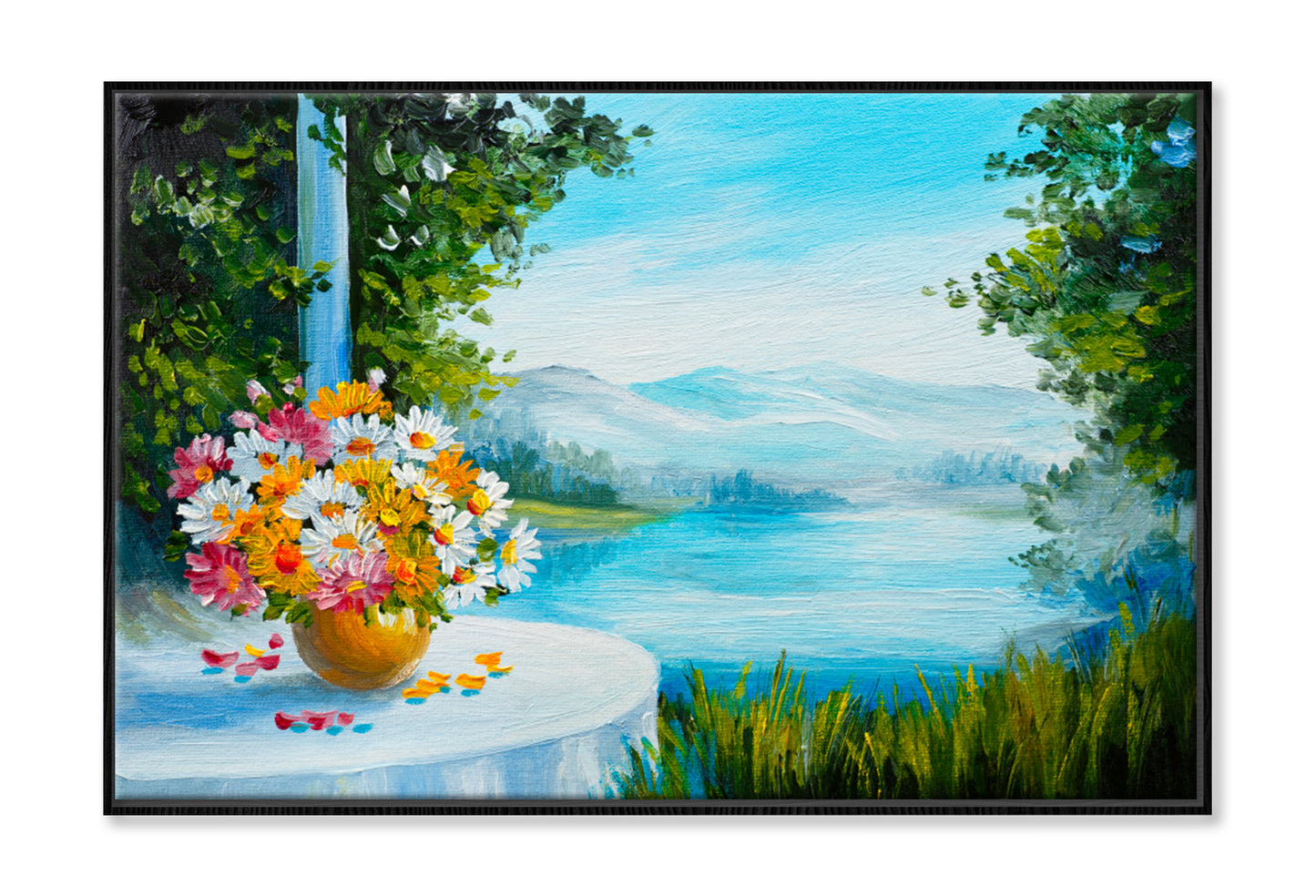 House Near The Sea, Colorful Flowers Oil Painting Wall Art Limited Edition High Quality Print Canvas Box Framed Black