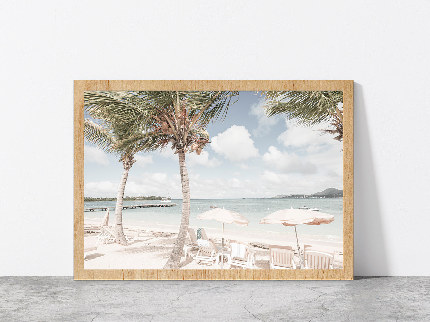 Palm Trees & Beach Huts near Beach Faded Photograph Glass Framed Wall Art, Ready to Hang Quality Print Without White Border Oak