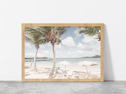 Palm Trees & Beach Huts near Beach Faded Photograph Glass Framed Wall Art, Ready to Hang Quality Print Without White Border Oak