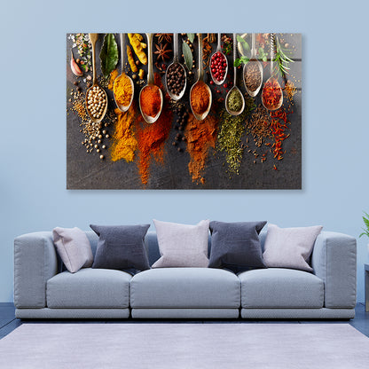 Different Types Spices on Spoons Acrylic Glass Print Tempered Glass Wall Art 100% Made in Australia Ready to Hang