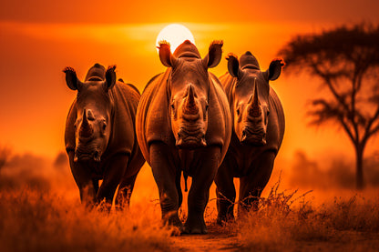 Three Big African Rhinos In Sunset Print 100% Australian Made