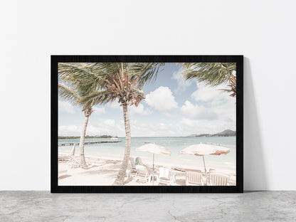 Palm Trees & Beach Huts near Beach Faded Photograph Glass Framed Wall Art, Ready to Hang Quality Print Without White Border Black