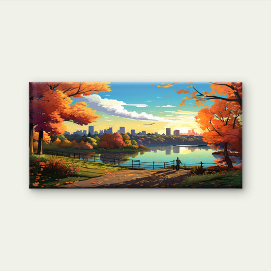 Autumn Park Lake City Skyline Sunset Wall Art Canvas Office Home Framed 120x60cm
