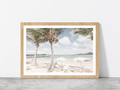 Palm Trees & Beach Huts near Beach Faded Photograph Glass Framed Wall Art, Ready to Hang Quality Print With White Border Oak