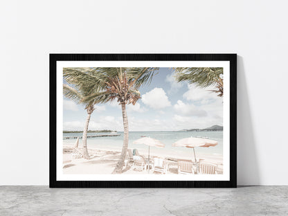 Palm Trees & Beach Huts near Beach Faded Photograph Glass Framed Wall Art, Ready to Hang Quality Print With White Border Black