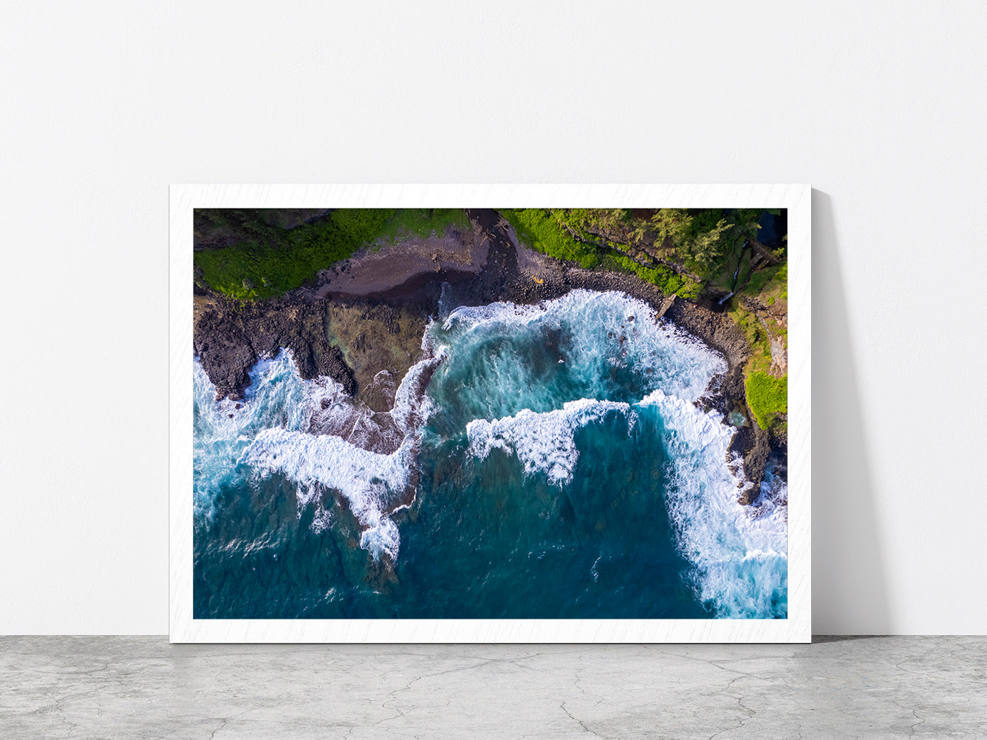 Drone View Of Beach & Sea Waves Glass Framed Wall Art, Ready to Hang Quality Print Without White Border White