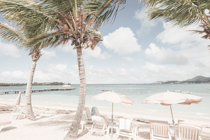 Palm Trees & Beach Huts near Beach Faded Photograph Glass Framed Wall Art, Ready to Hang Quality Print