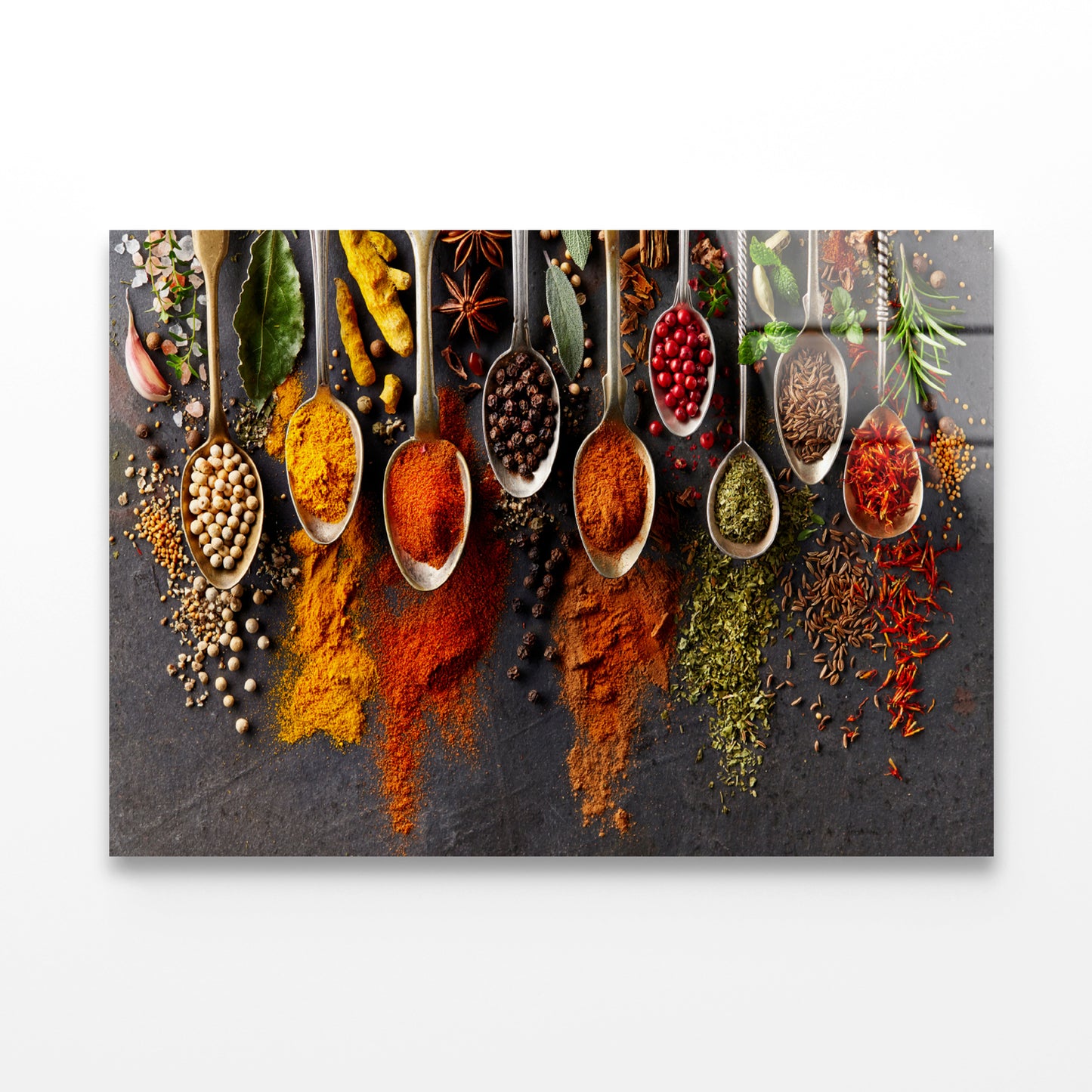 Different Types Spices on Spoons Acrylic Glass Print Tempered Glass Wall Art 100% Made in Australia Ready to Hang