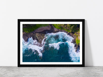 Drone View Of Beach & Sea Waves Glass Framed Wall Art, Ready to Hang Quality Print With White Border Black