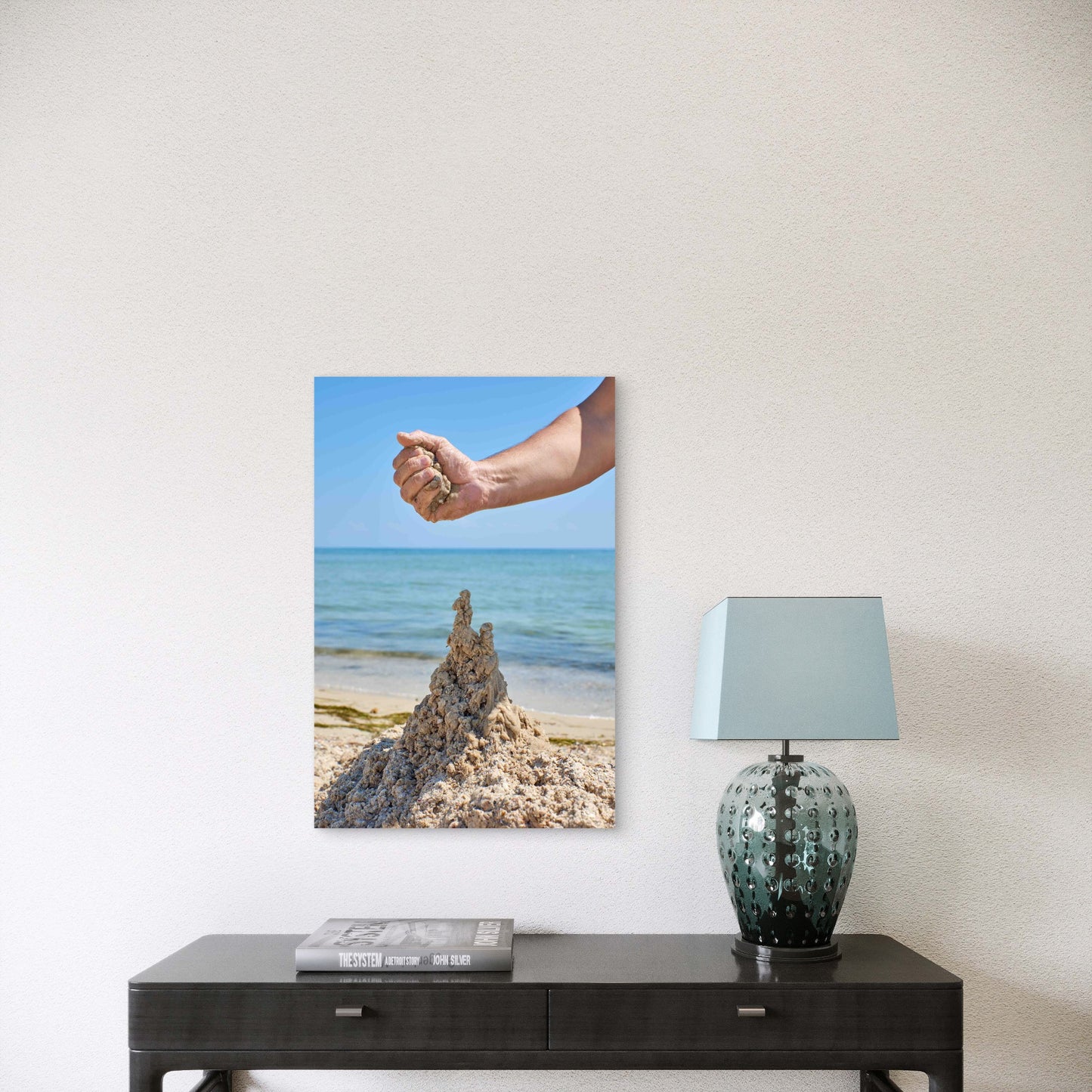 Hand Builds A Castle From The Wet Sea Sand 60x90cm Metal Print Ready to Hang