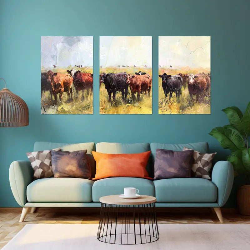 3pcs Peaceful Herds Of Cows Metal Print Ready to Hang Art
