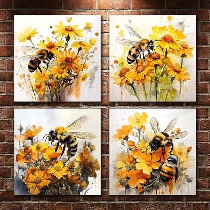 4pcsYellow Flower Wall Art Bee Wall Art Canvas Framed - Bella Home Decor