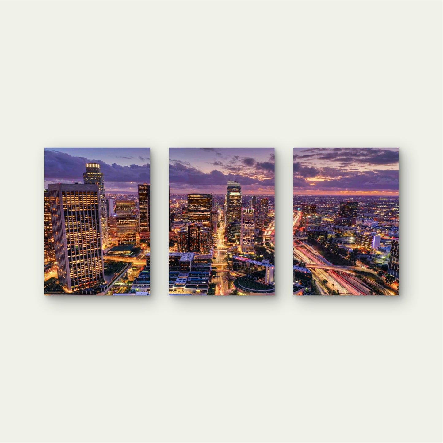 3pcs Aerial Shot Downtown Los Angeles Night Metal Print Ready to Hang Art