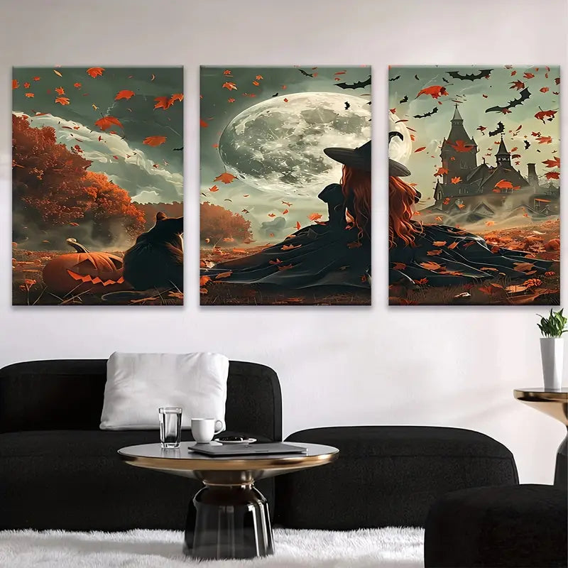 3pcs Halloween Witch & Cat Scene With Full Moon Metal Print Ready to Hang Art