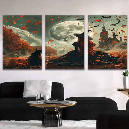 3pcs Halloween Witch & Cat Scene With Full Moon Metal Print Ready to Hang Art