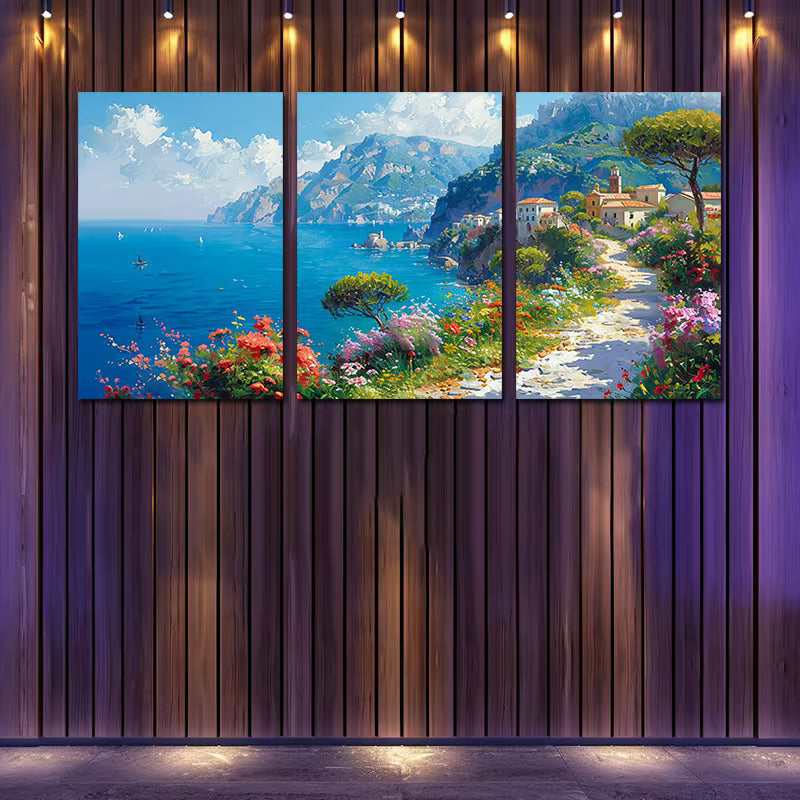 3pcs Vibrant Mediterranean Landscape with Floral Wall Art Set Canvas Framed 40x60cm - High Quality Print 100% Australian Made Wall Canvas Ready to Hang