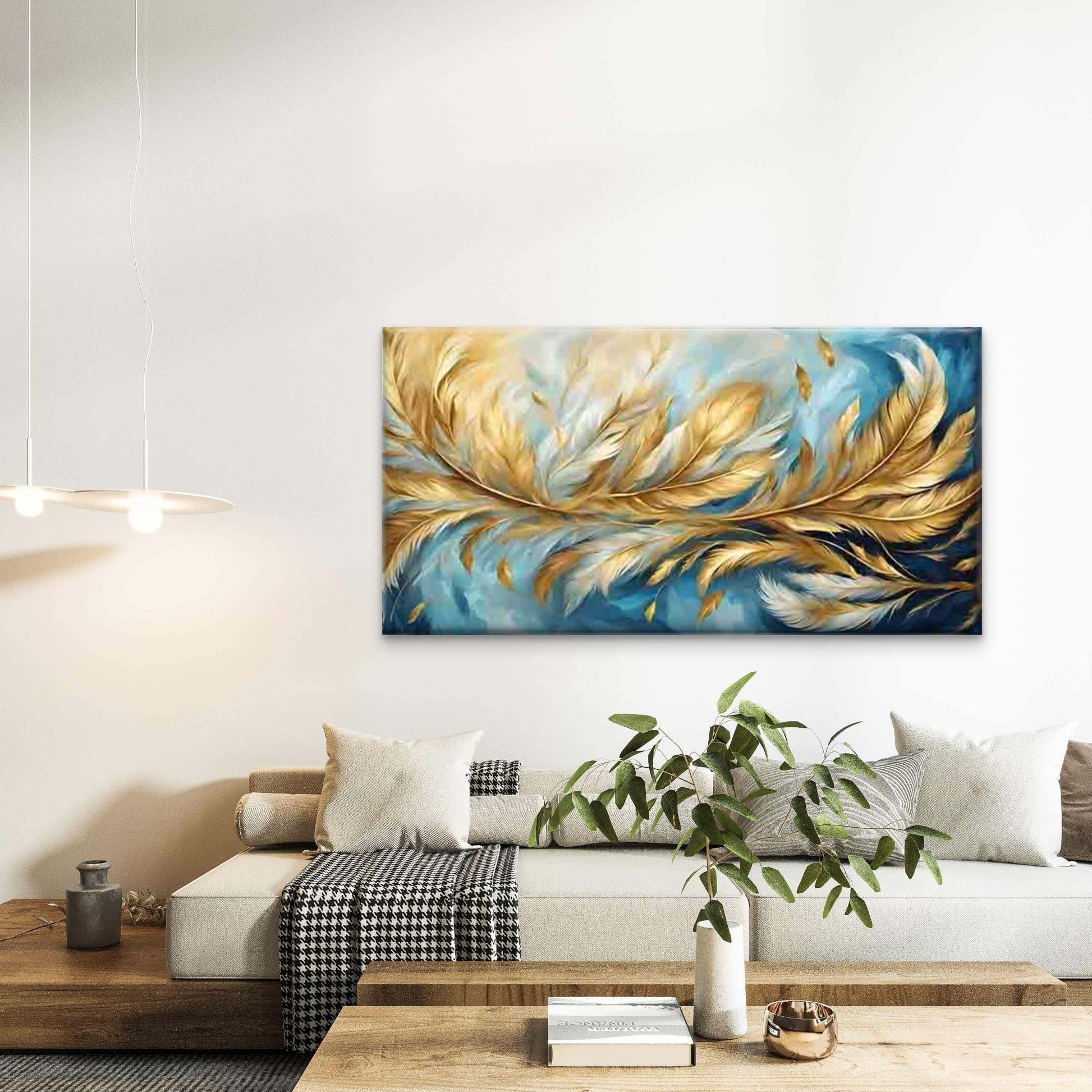 Golden Feathers Blue Background Wall Art Canvas Office Home Room Framed 120x60cm - Bella Home Decor