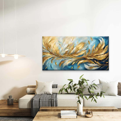 Golden Feathers Blue Background Wall Art Canvas Office Home Room Framed 120x60cm - Bella Home Decor