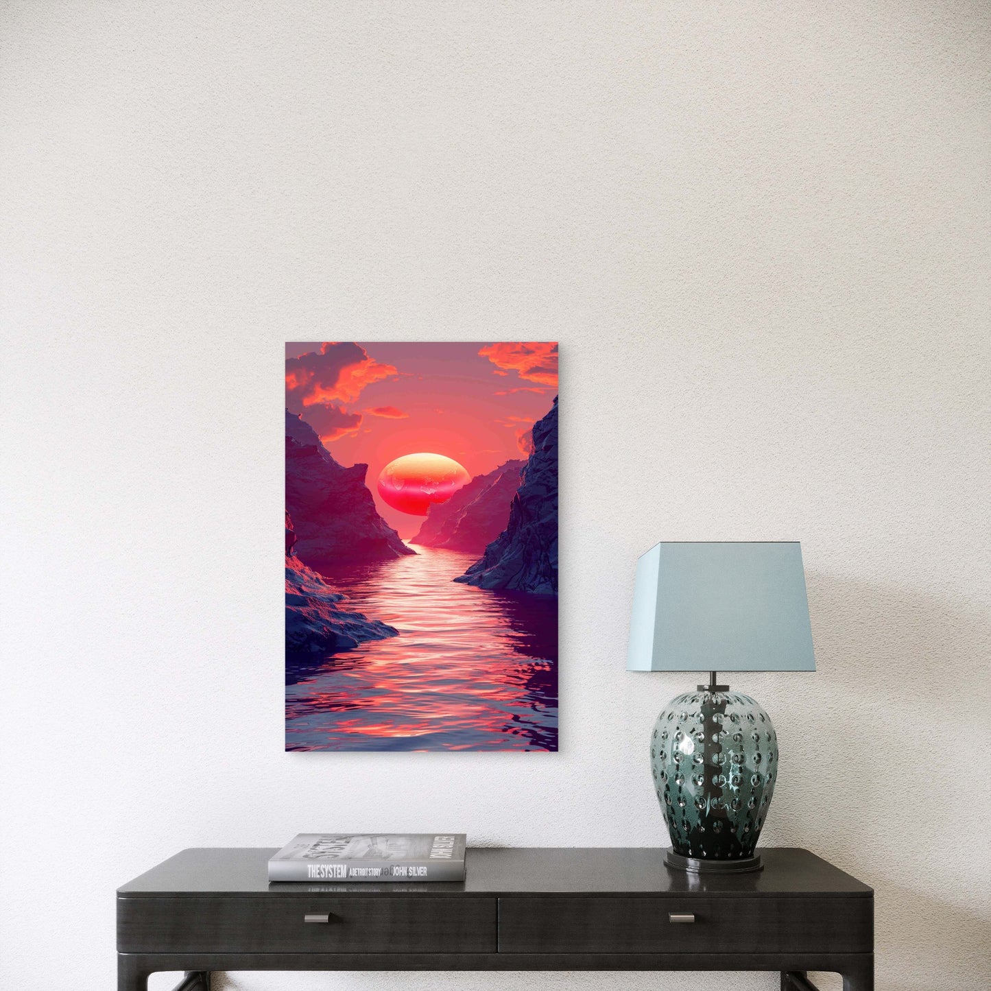 Majestic Landscape with Vivid Pink Sun Over Mountains Metal Print Ready to Hang