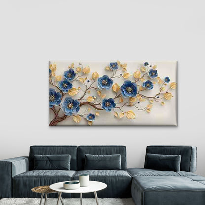 Blue Flower And Golden Leaf Wall Art Canvas Office Home Room Framed 120x60cm - Bella Home Decor