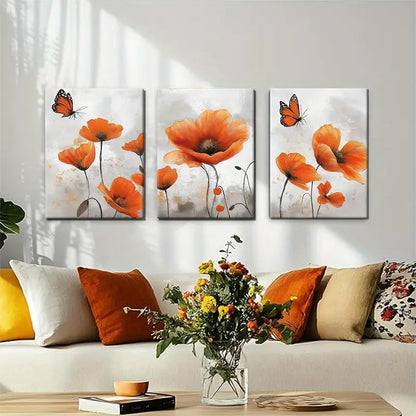 3pcs Orange Poppy & Butterfly Metal Print Ready to Hang Art