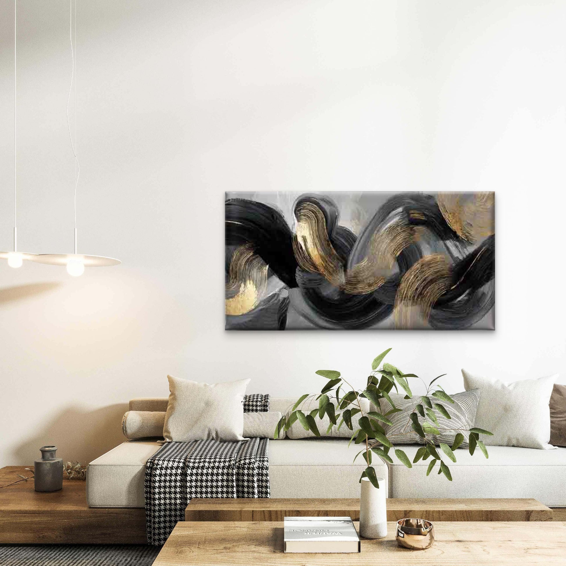 Black, Gray, Golden Swirls Wall Art Canvas Office Home Room Framed 120x60cm - Bella Home Decor