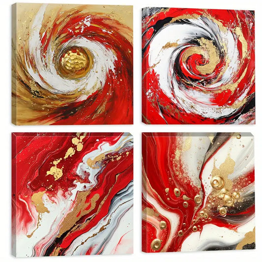 4pcs Swirling Patterns  Red, Gold  Abstract  Wall Art Canvas Framed