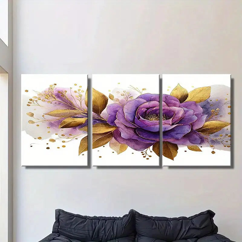 3pcs Watercolor Purple Rose With Golden Leaves Metal Print Ready to Hang Art
