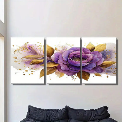 3pcs Watercolor Purple Rose With Golden Leaves Metal Print Ready to Hang Art