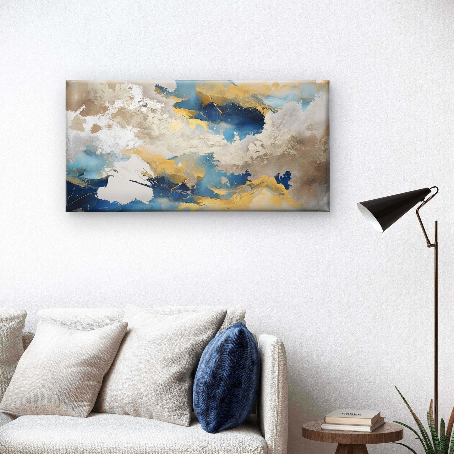 Abstract Navy Blue Gold Foil Clouds Wall Art Canvas Office Home Framed 120x60cm