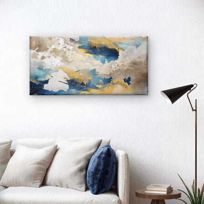 Abstract Navy Blue Gold Foil Clouds Wall Art Canvas Office Home Framed 120x60cm