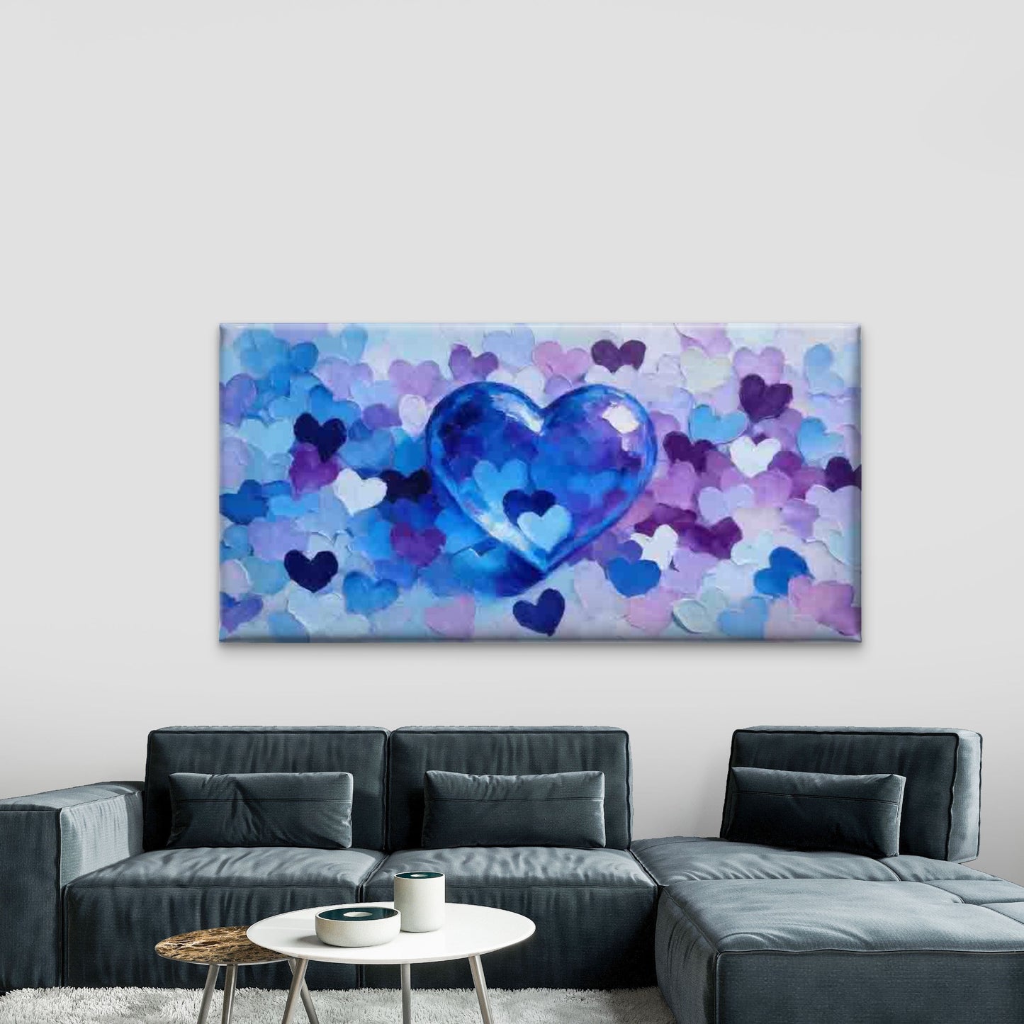 Blue And Purple Heart Abstract Wall Art Canvas Office Home Room Framed 120x60cm - Bella Home Decor