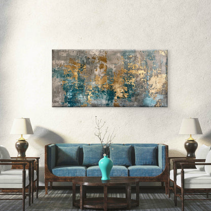 Modern Teal Blue Gold Abstract Wall Art Canvas Office Home Room Framed 120x60cm