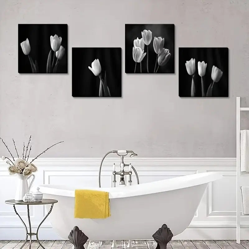 4pcsBlack and White FlowerWall Art Canvas Framed