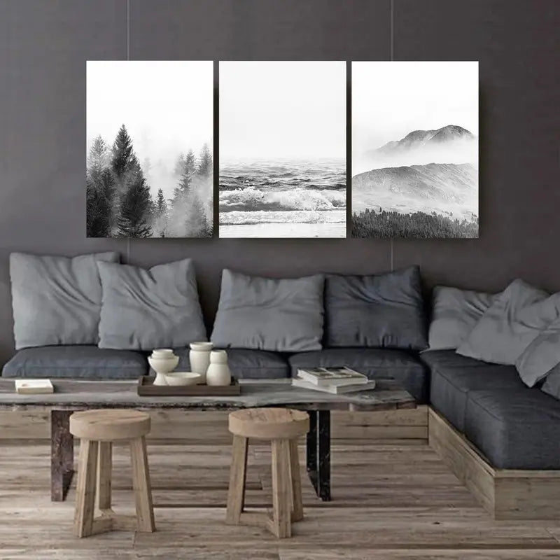 3pcs Foggy Forest Ocean Mountain Scene Wall Art Set Canvas Framed 40x60cm - High Quality Print 100% Australian Made Wall Canvas Ready to Hang - Bella Home Decor