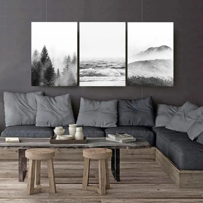 3pcs Foggy Forest Ocean Mountain Scene Wall Art Set Canvas Framed 40x60cm - High Quality Print 100% Australian Made Wall Canvas Ready to Hang - Bella Home Decor