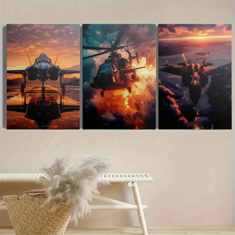 3pcs Fighter Jets And Helicopters Metal Print Ready to Hang Art