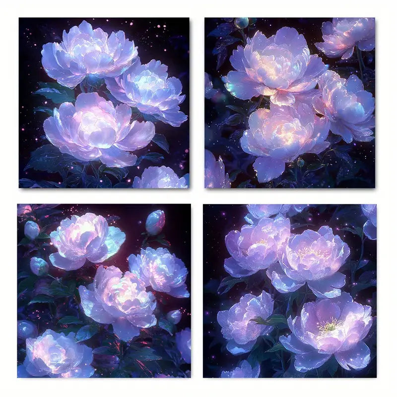 4pcs Vibrant Blue & Purple Peonies With Glowing Wall Art Canvas Framed