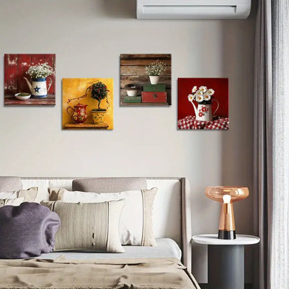 4pcs Red And White Accents Poster,Wall Art Canvas Framed