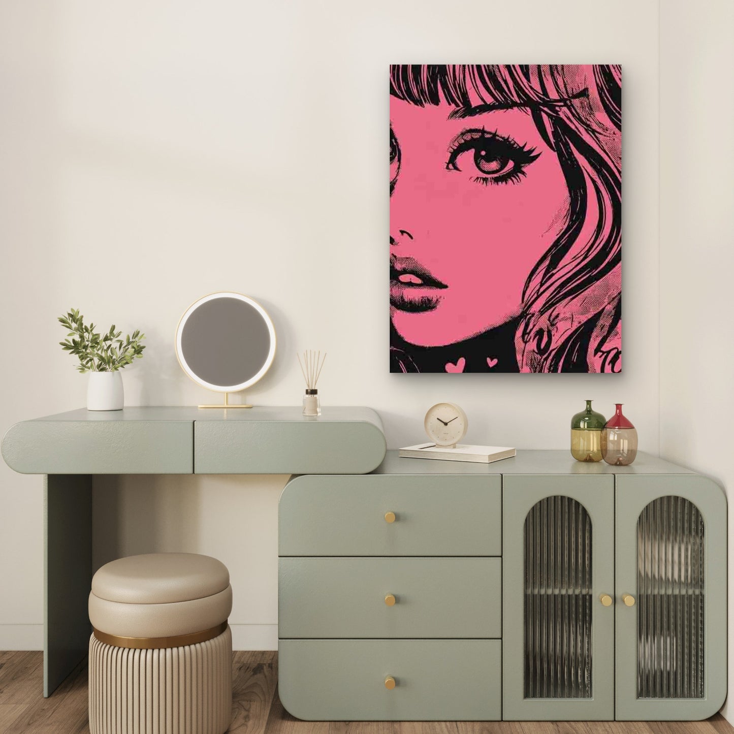 Pink & Black Vintage Woman Face Metal Print Ready to Hang