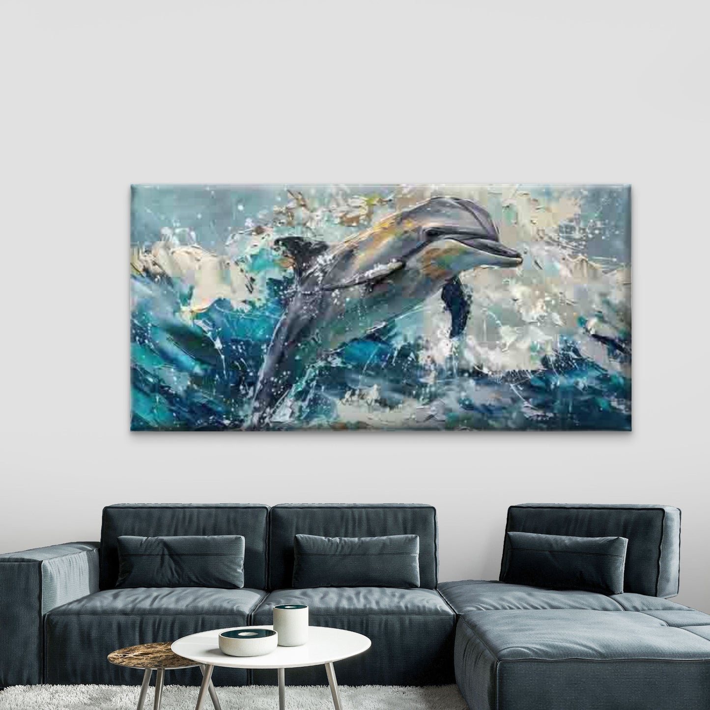 Ocean Waves & Jumping Dolphin Wall Art Canvas Office Home Room Framed 120x60cm