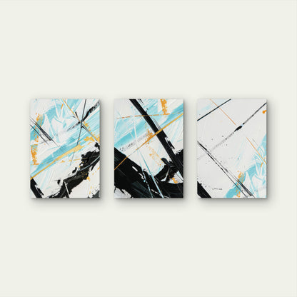 3pcs Modern Abstract Teal Black Gold Brush Wall Art Set Canvas Framed 50x70cm - High Quality Print 100% Australian Made Wall Canvas Ready to Hang