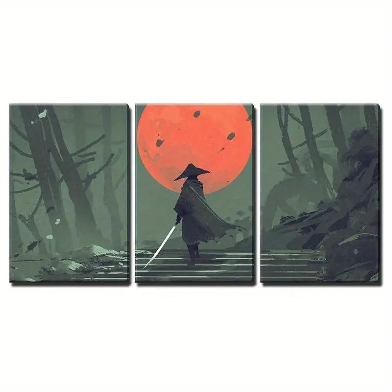 3pcs Samurai In Night Forest With Full Moon Metal Print Ready to Hang Art