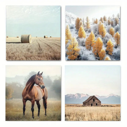 4pcs Horse Straw Bale picture Wall Art Canvas Framed