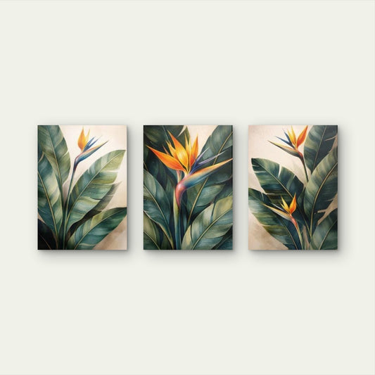 3pcs Tropical Bird of Paradise Palm Leaves Wall Art Set Canvas Framed 40x60cm - High Quality Print 100% Australian Made Wall Canvas Ready to Hang - Bella Home Decor