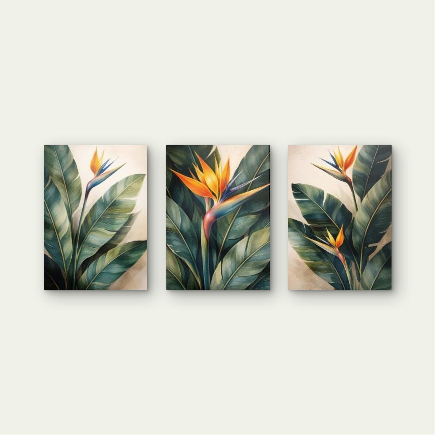 3pcs Tropical Bird of Paradise Palm Leaves Wall Art Set Canvas Framed 60x90cm - High Quality Print 100% Australian Made Wall Canvas Ready to Hang - Bella Home Decor